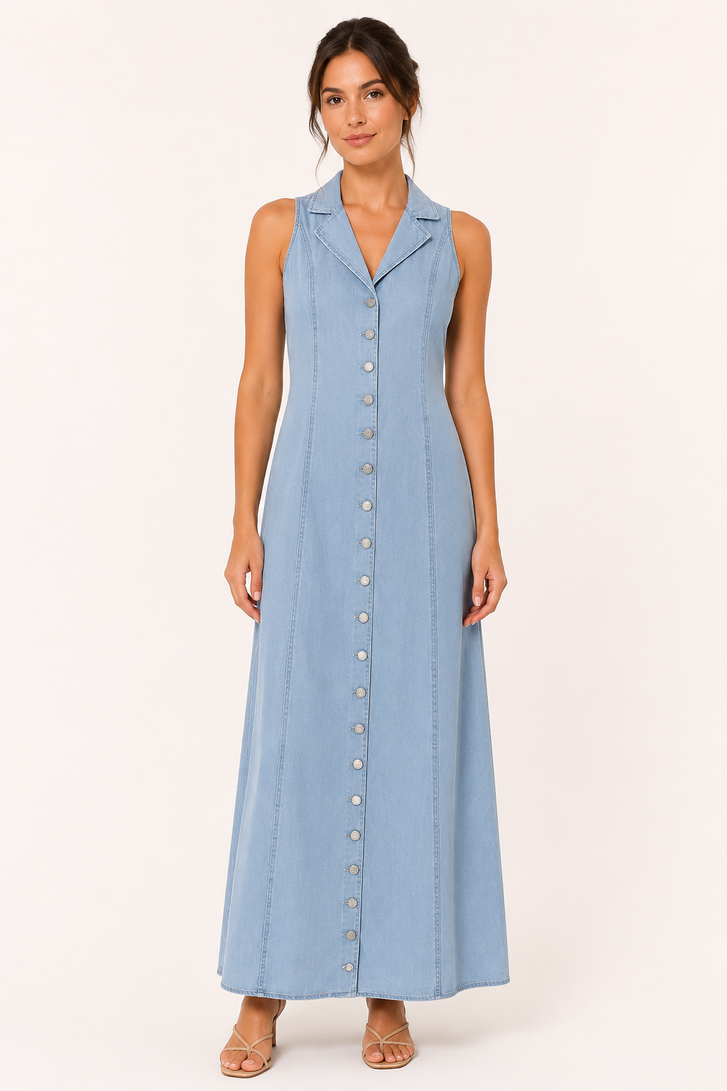 Vestido largo mujer denim botones sin mangas casual - Elara