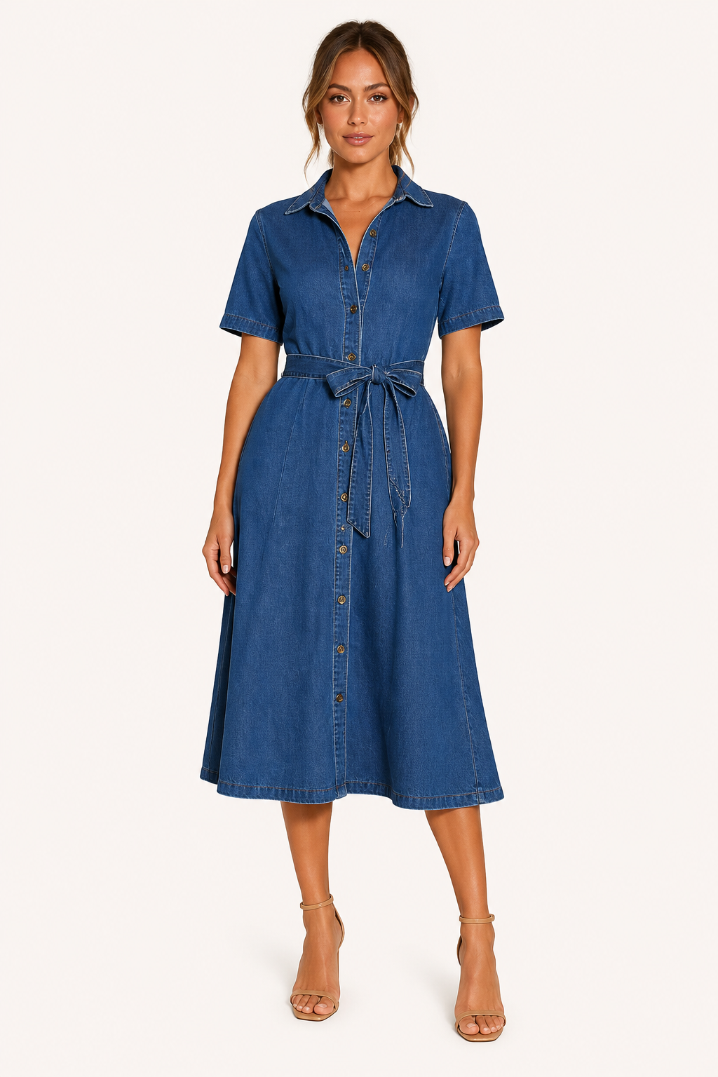 Vestido midi mujer denim botones cinturón casual - Klara