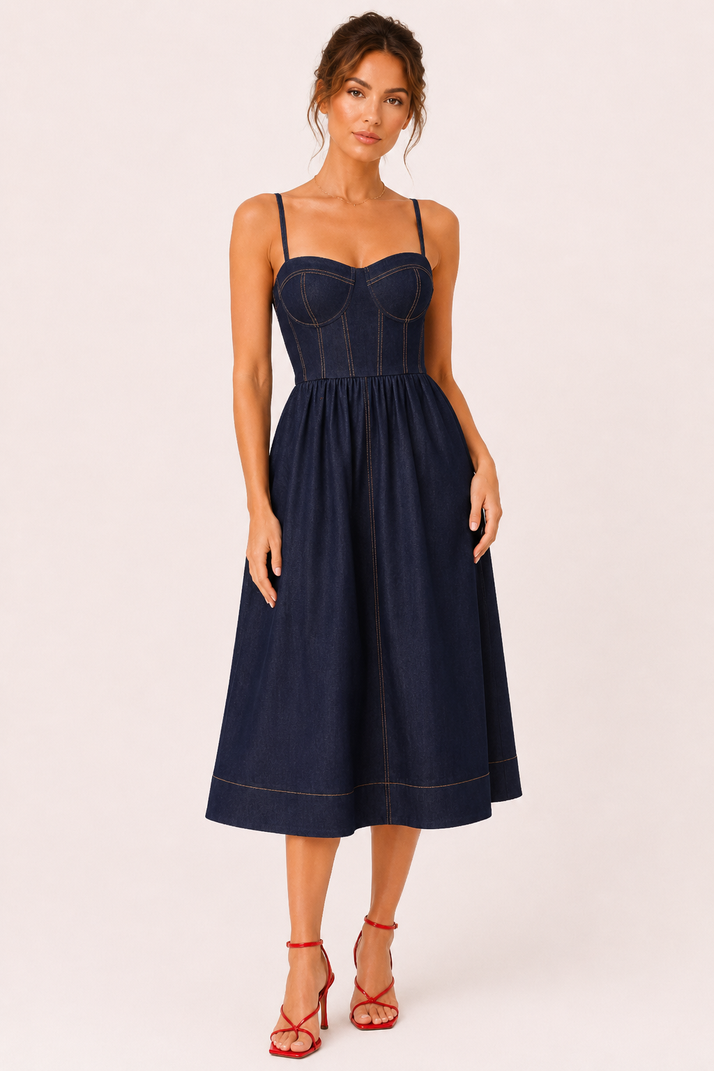 Vestido denim midi mujer escote corazón - Helene