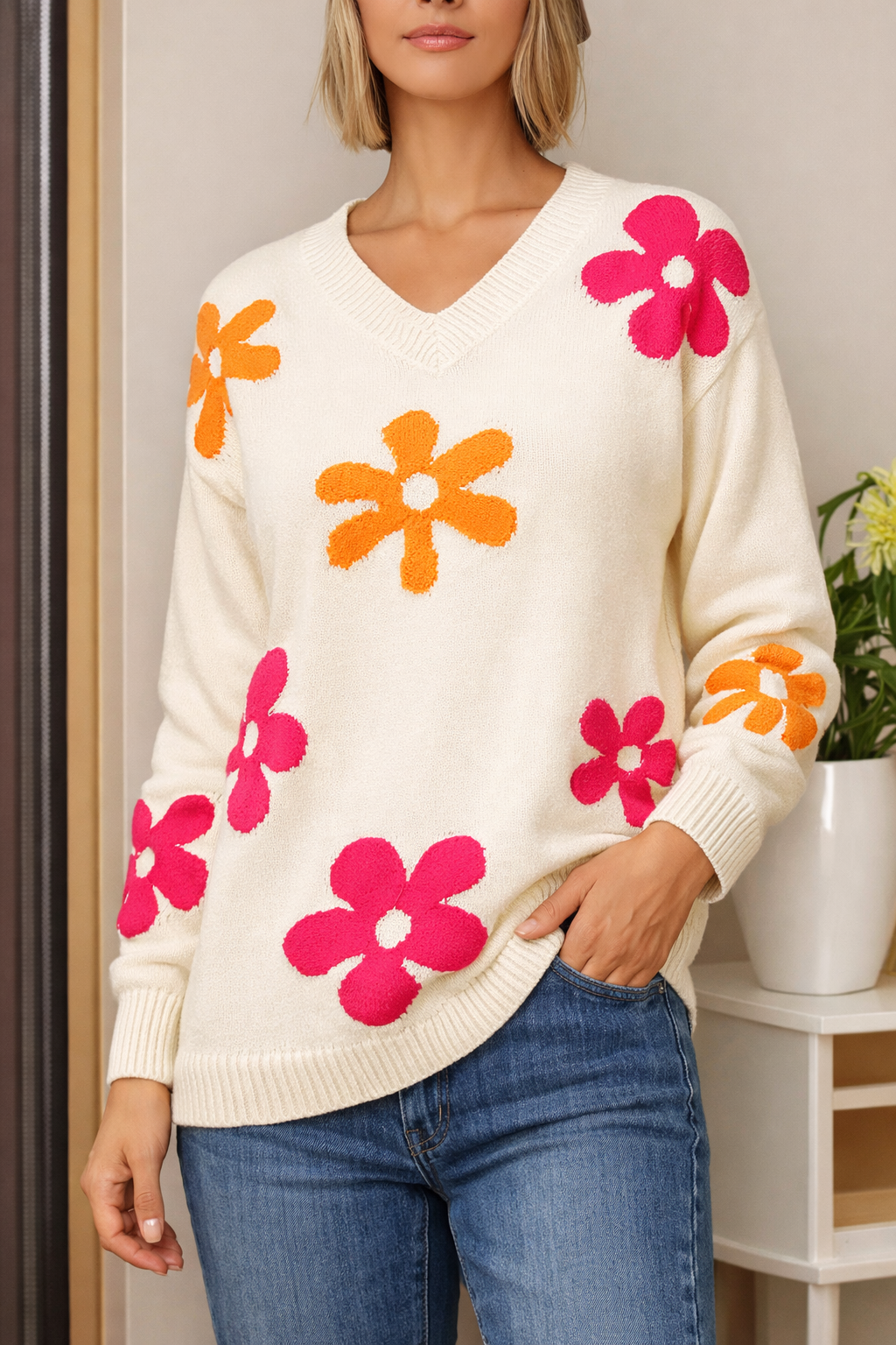 Jersey de punto para mujer escote en V floral - Sahori