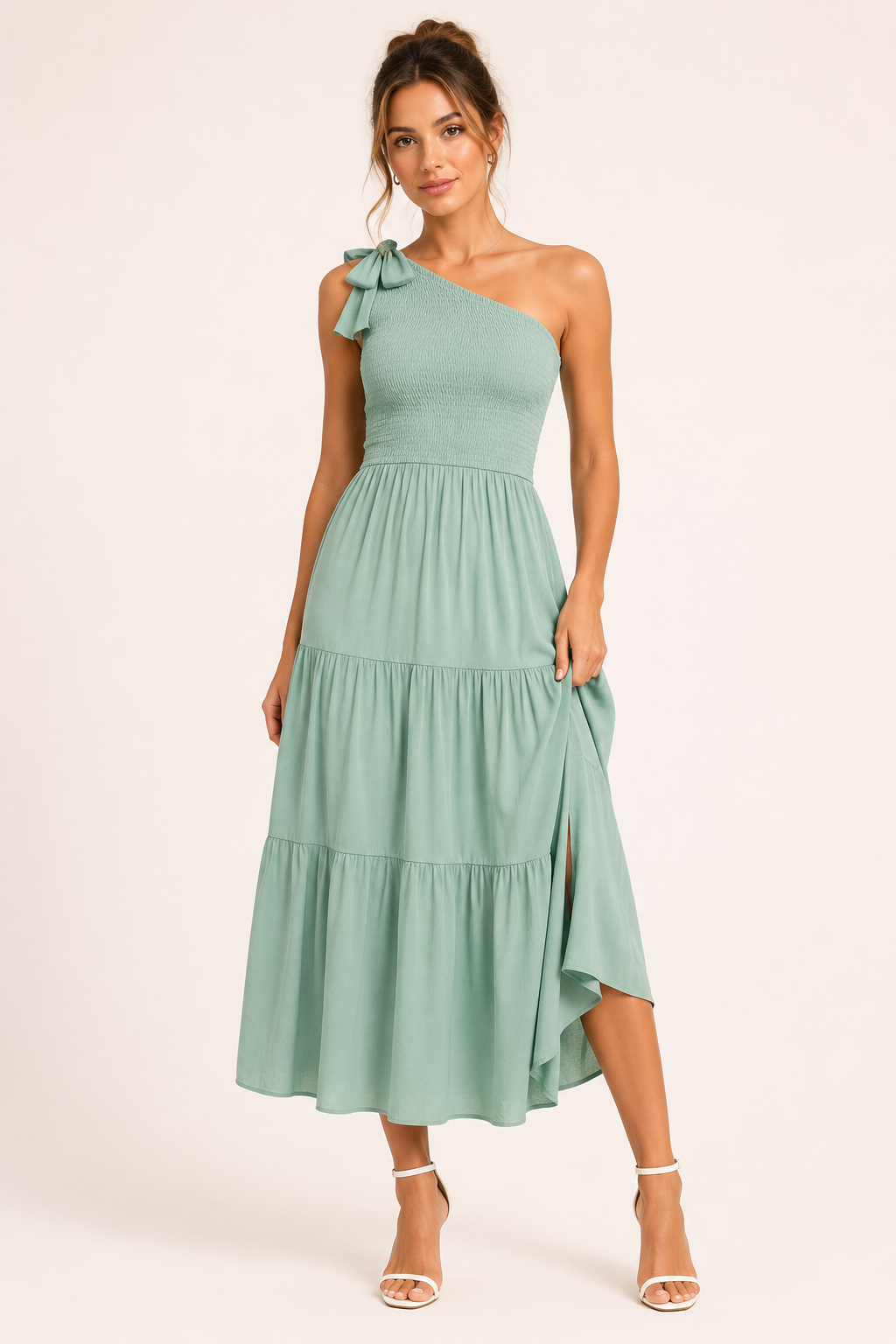 Vestido largo mujer un hombro lazo y abertura - Karla