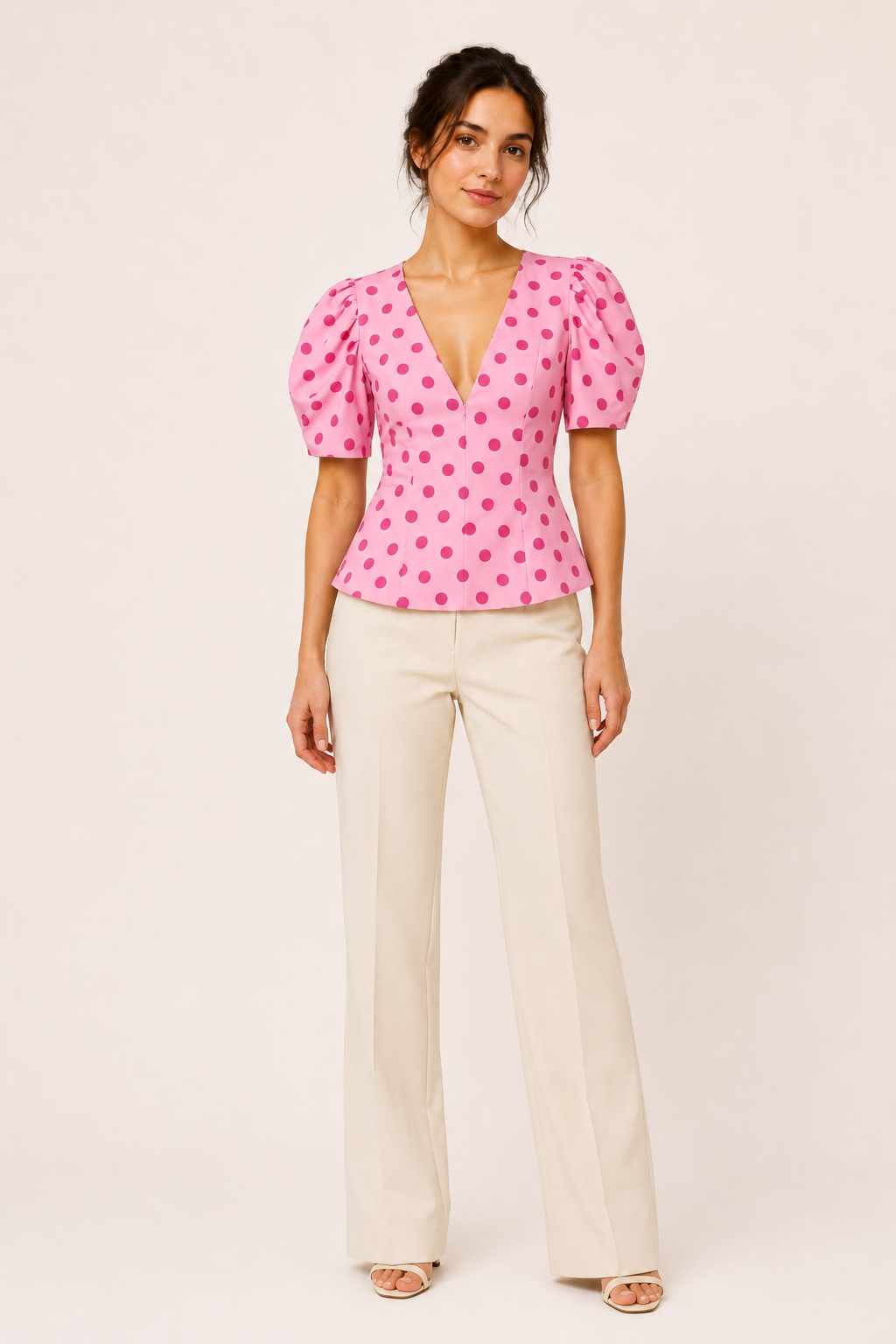 Blusa mujer escote V lunares manga abullonada - Romy
