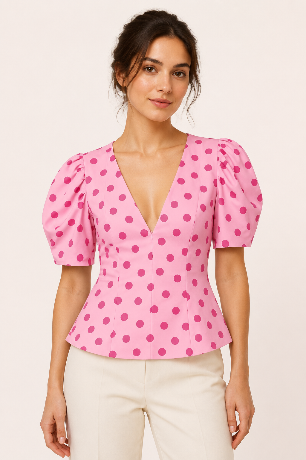 Blusa mujer escote V lunares manga abullonada - Romy