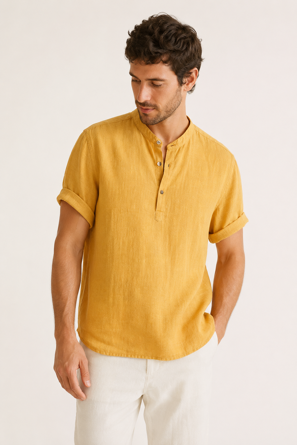 Camisa manga corta  de lino hombre cuello mao - Stefan