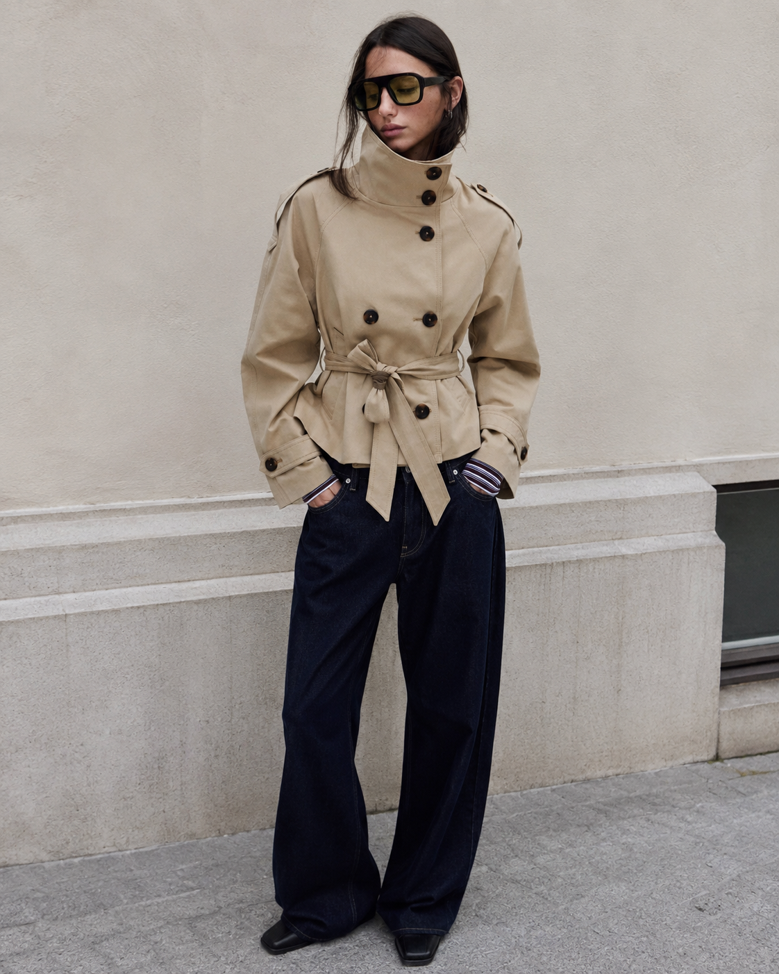 Cazadora trench mujer cuello alto cinturón - Solène