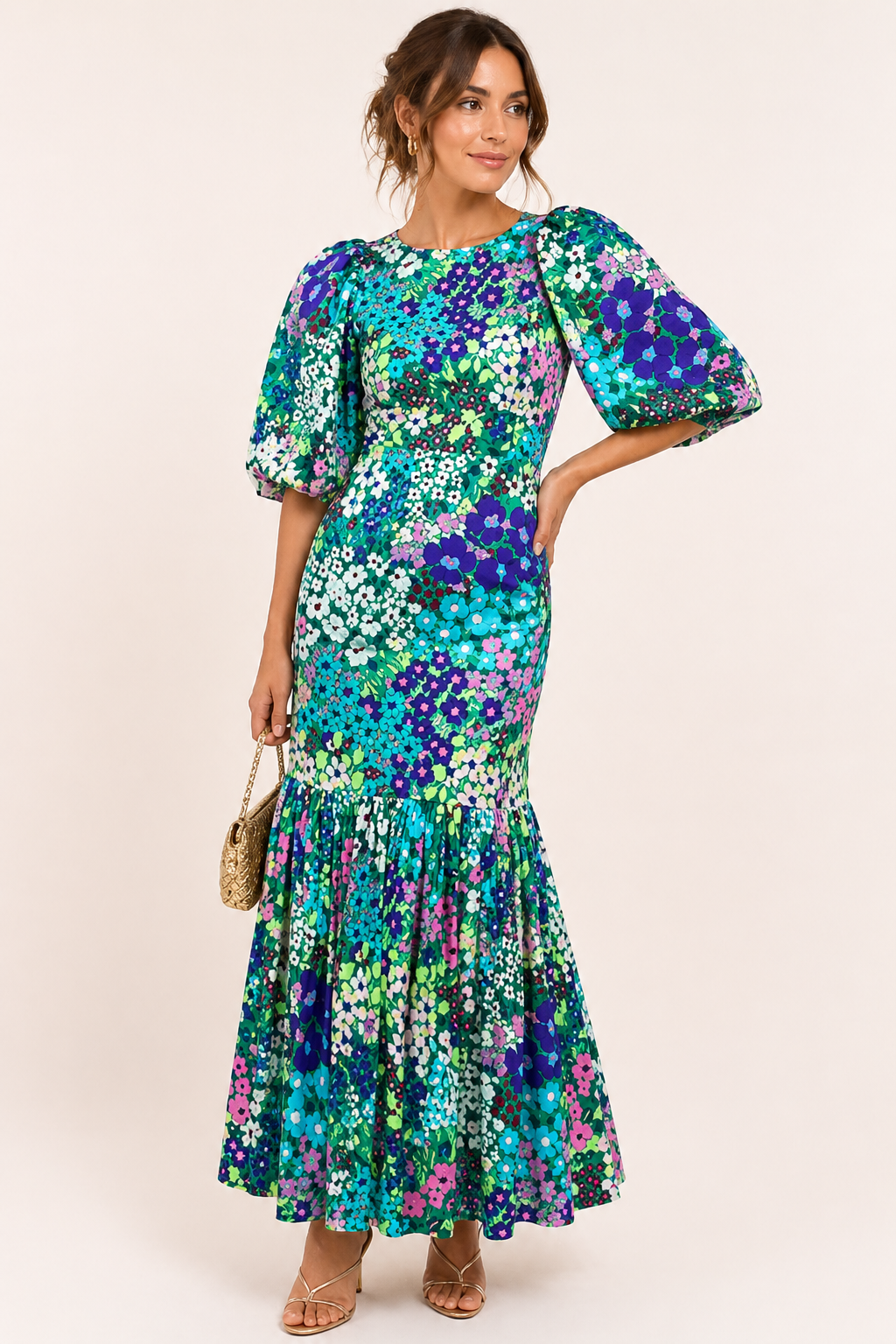 Vestido midi mujer floral manga abullonada - Nani