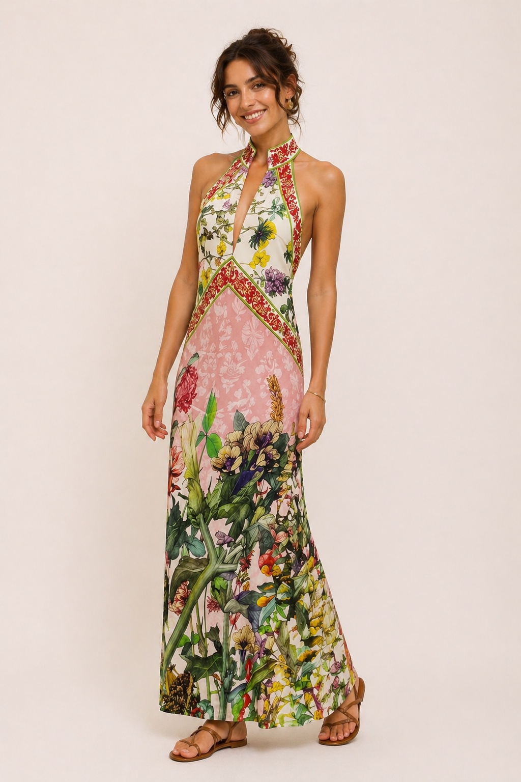 Vestido largo mujer halter floral abertura - Valery