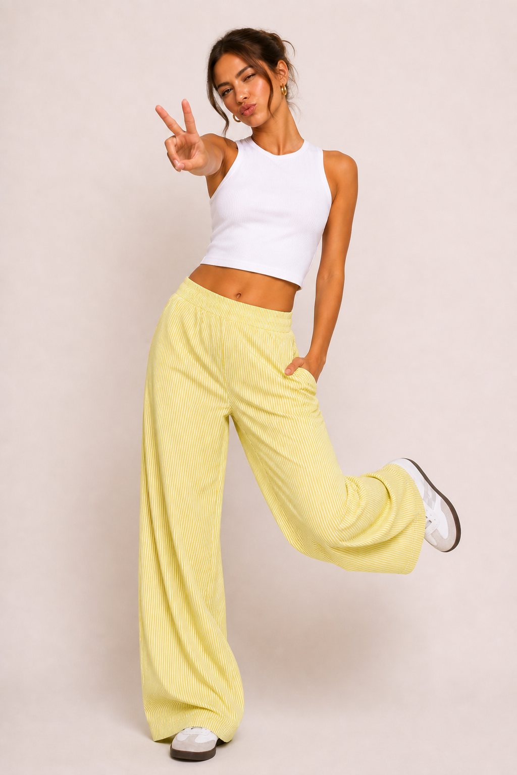 Pantalón mujer casual rayas corte amplio cintura elástica cómodo - Naire