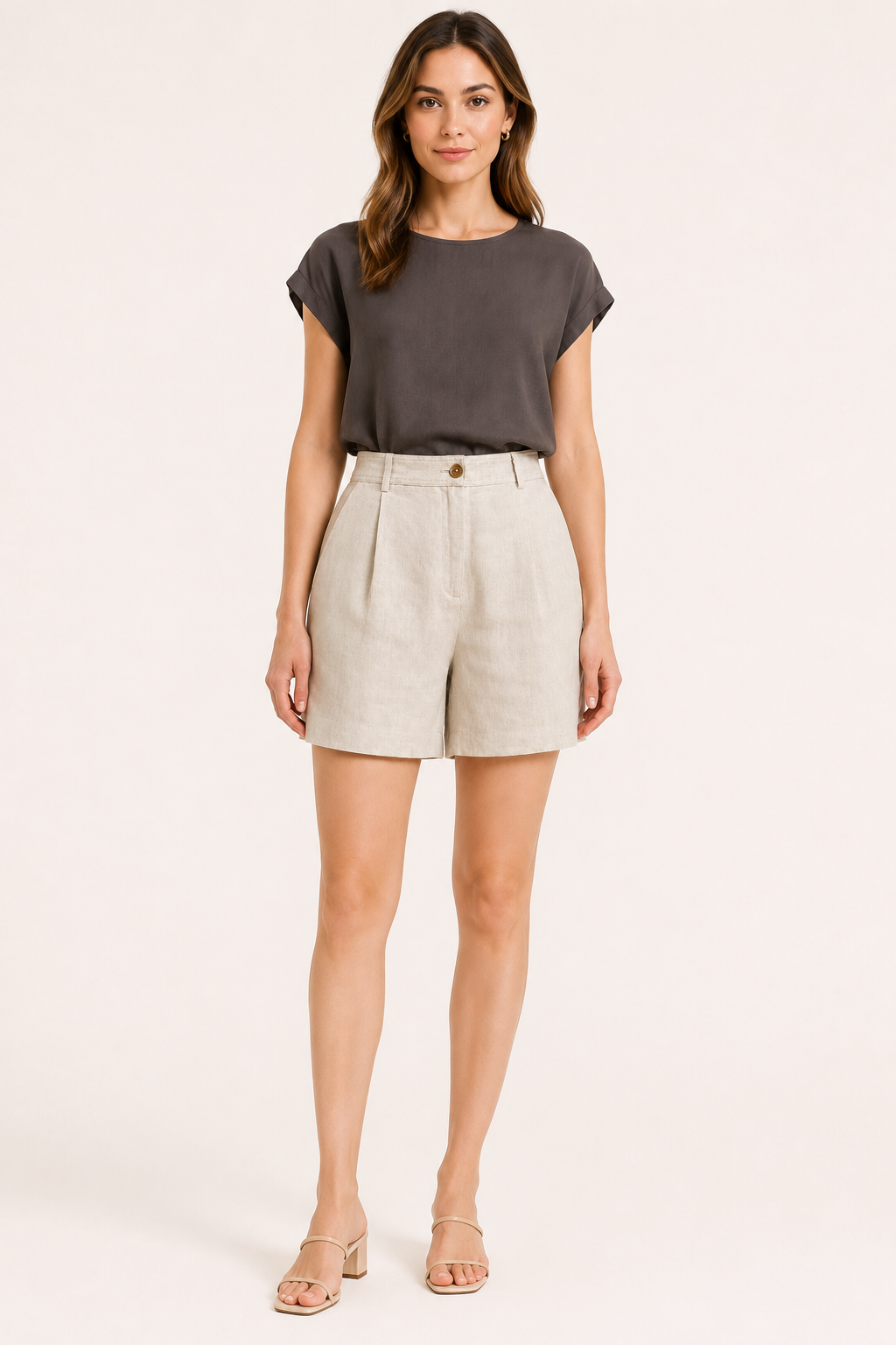 Short mujer lino algodón tiro alto con pinzas - Holly