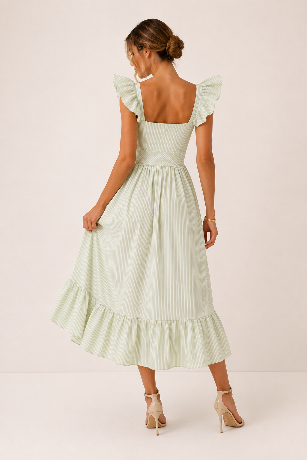 Vestido midi mujer de rayas ligero con volantes - Elina