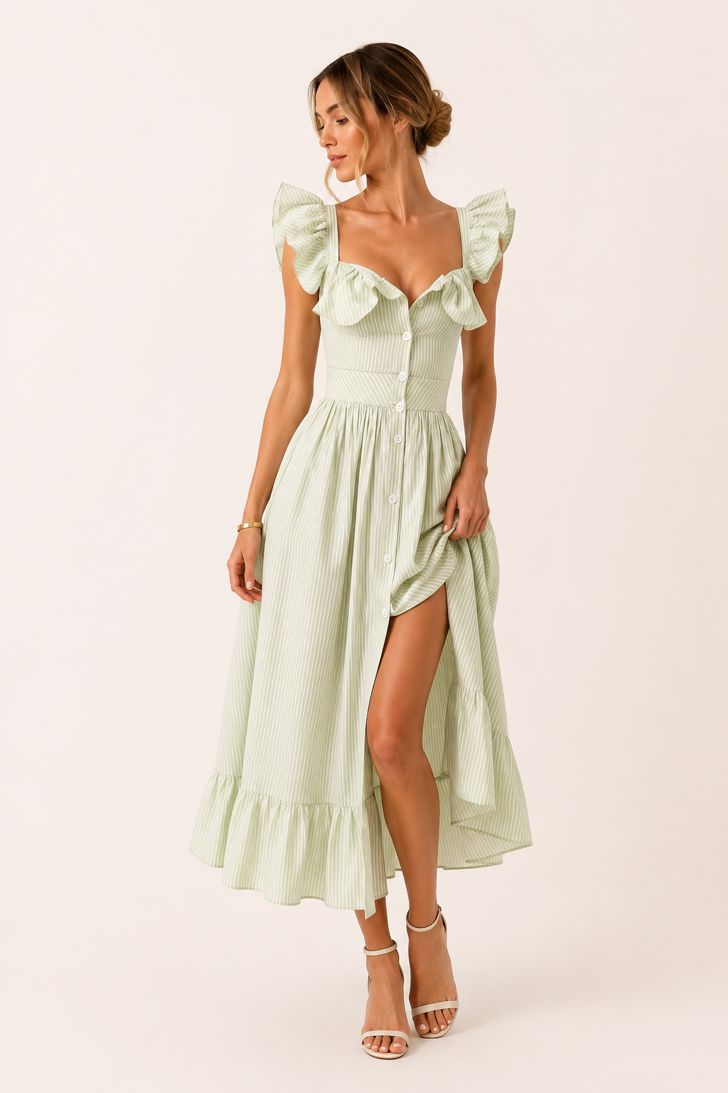 Vestido midi mujer de rayas ligero con volantes - Elina