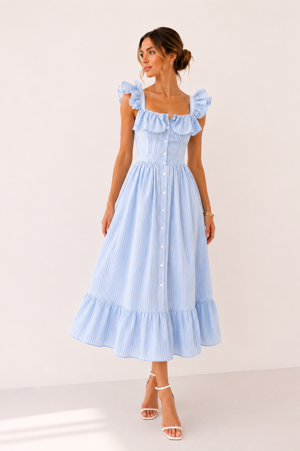 Vestido midi mujer de rayas ligero con volantes - Elina