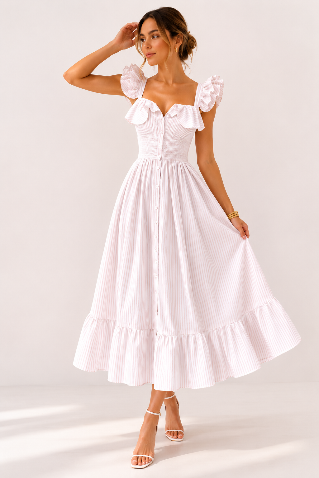 Vestido midi mujer de rayas ligero con volantes - Elina