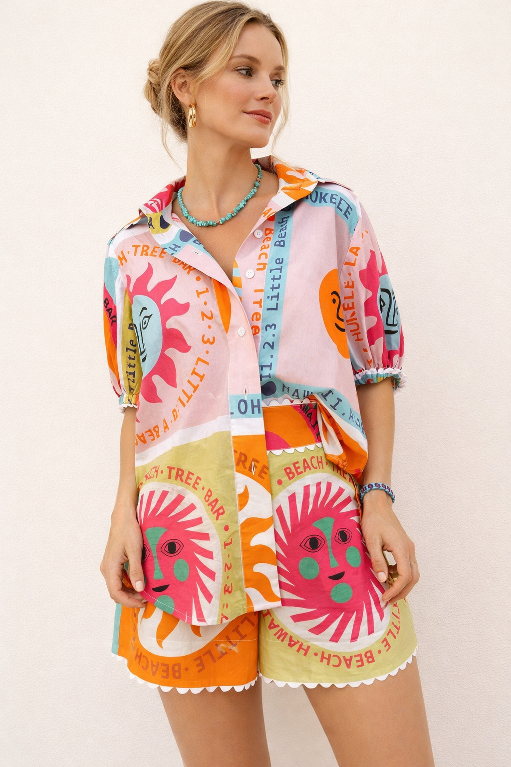 Conjunto estampado de mujer con camisa y shorts elásticos - Mireva
