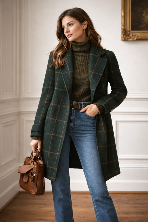 Abrigo elegante con solapa amplia para mujer patrón de cuadros - Yara