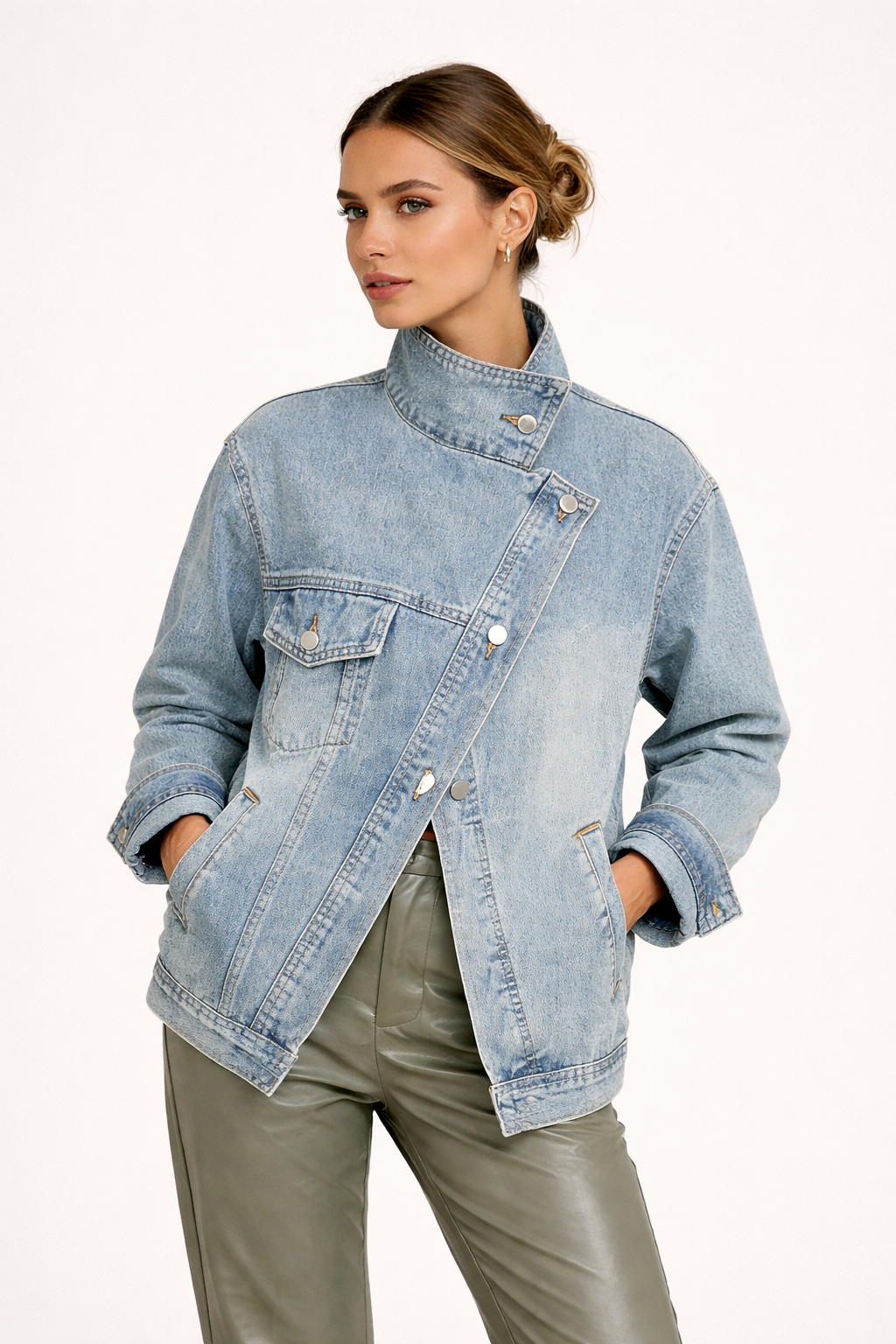 Chaqueta denim mujer oversize con cuello alto - Kaia