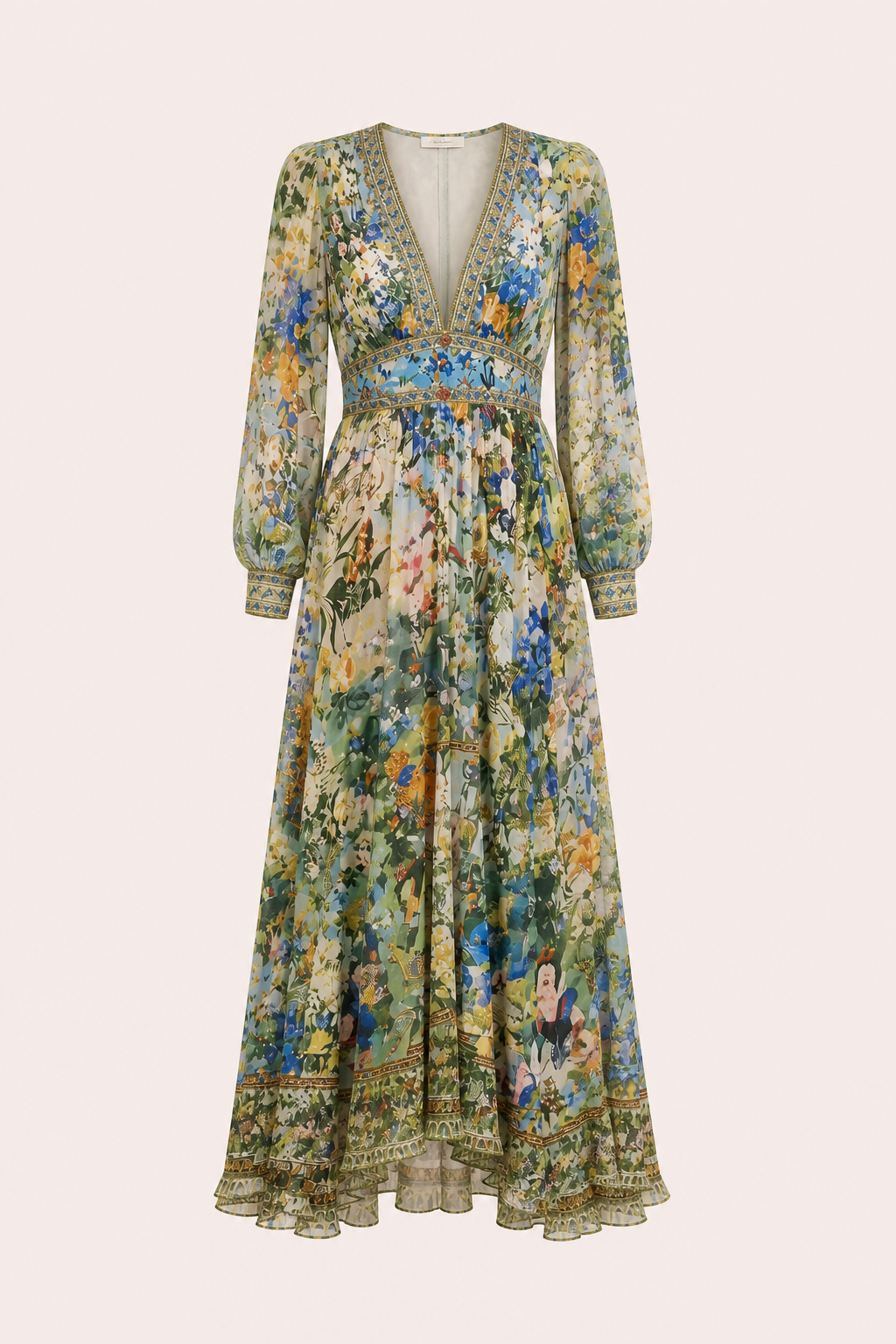 Vestido midi mujer escote V cintura alta manga abullonada - Connie
