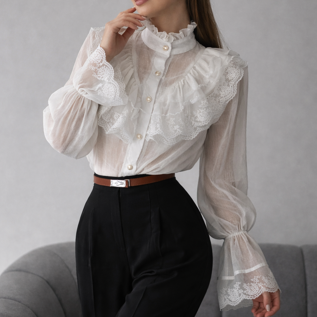 Blusa de gasa para mujer cuello alto con volantes - Margarethe
