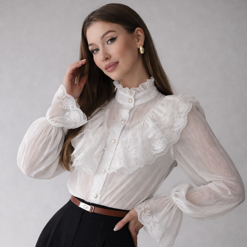 Blusa de gasa para mujer cuello alto con volantes - Margarethe