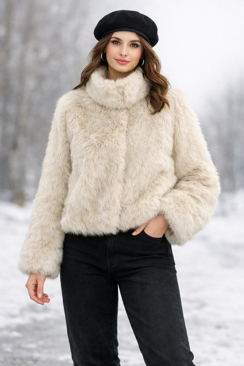 Abrigo efecto pelo para mujer silueta corta invernal - Dagny