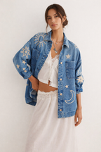 Chaqueta denim bordado celestial para mujer - Brunhilda