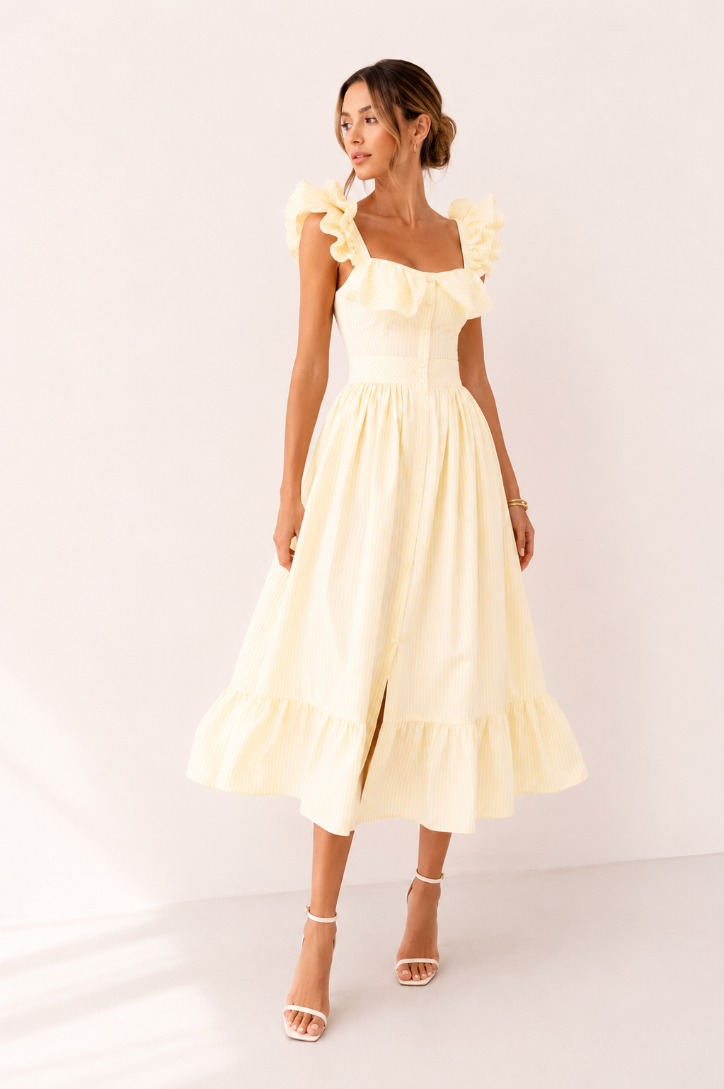 Vestido midi mujer de rayas ligero con volantes - Elina