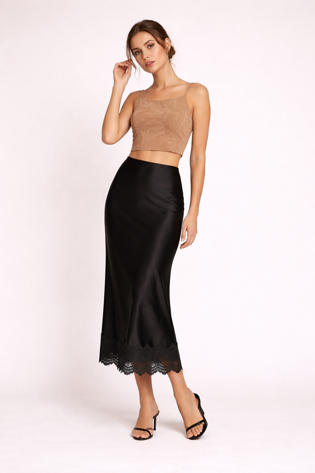Falda maxi mujer acabado liso detalle encaje estilo elegante - Mireya