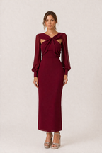 Vestido midi mujer anudado frontal manga larga femenino elegante - Isolde