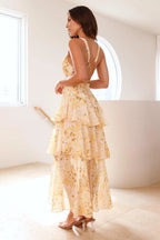 Mariana - Vestido Largo Amarillo con Volantes y Estampado Floral