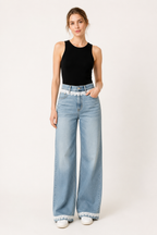 Wide leg jeans de mujer de tiro alto con detalle de encaje - Irma
