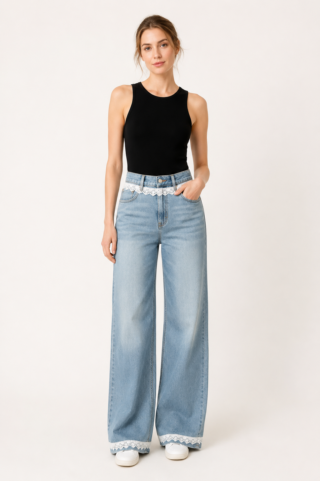 Wide leg jeans de mujer de tiro alto con detalle de encaje - Irma