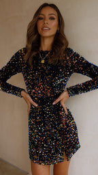 Vestido mini de lentejuelas de manga larga para mujer - Evelyn