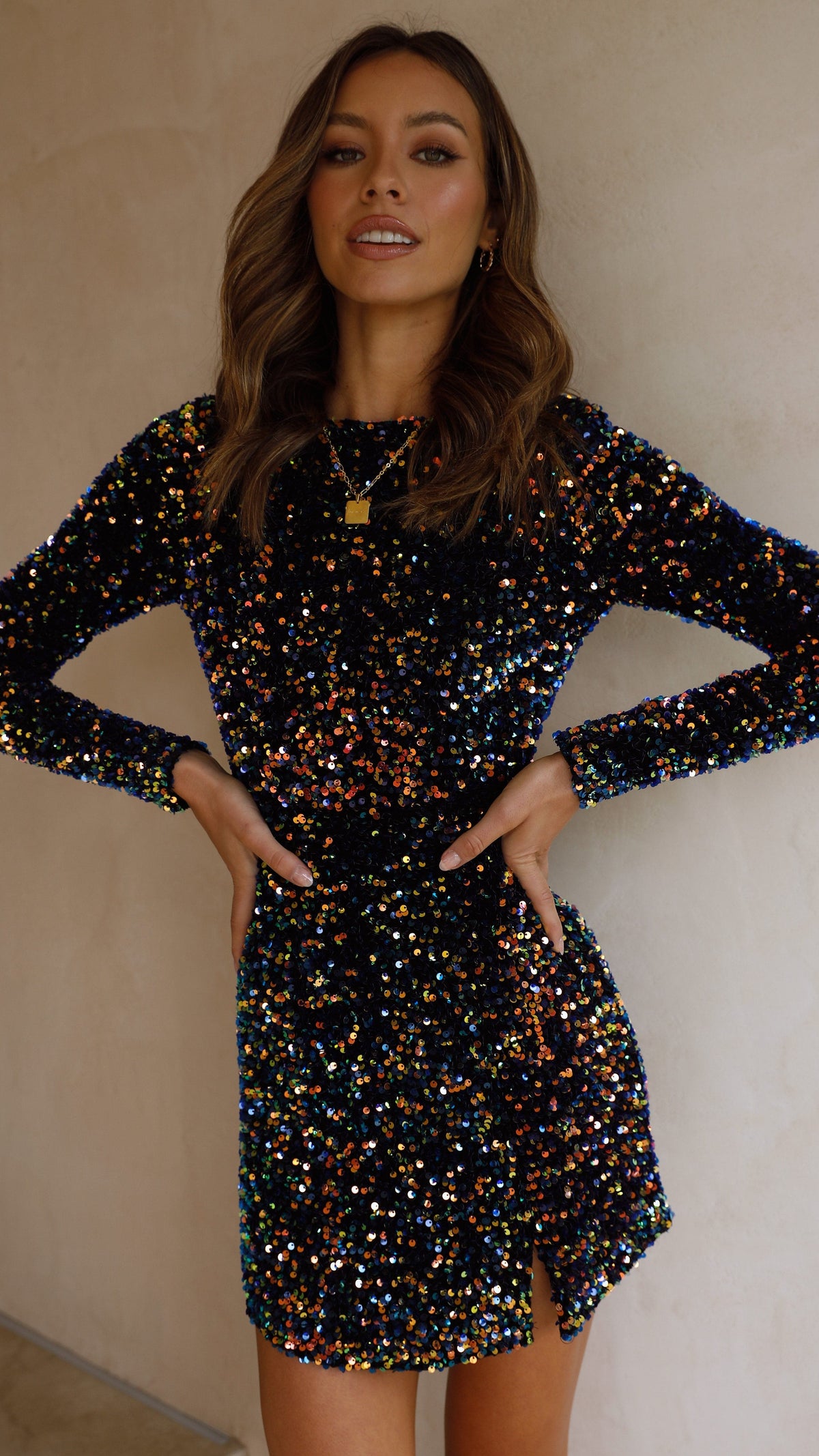Vestido mini de lentejuelas de manga larga para mujer - Evelyn