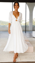 Vestido midi blanco con hombros descubiertos para mujer - Renata