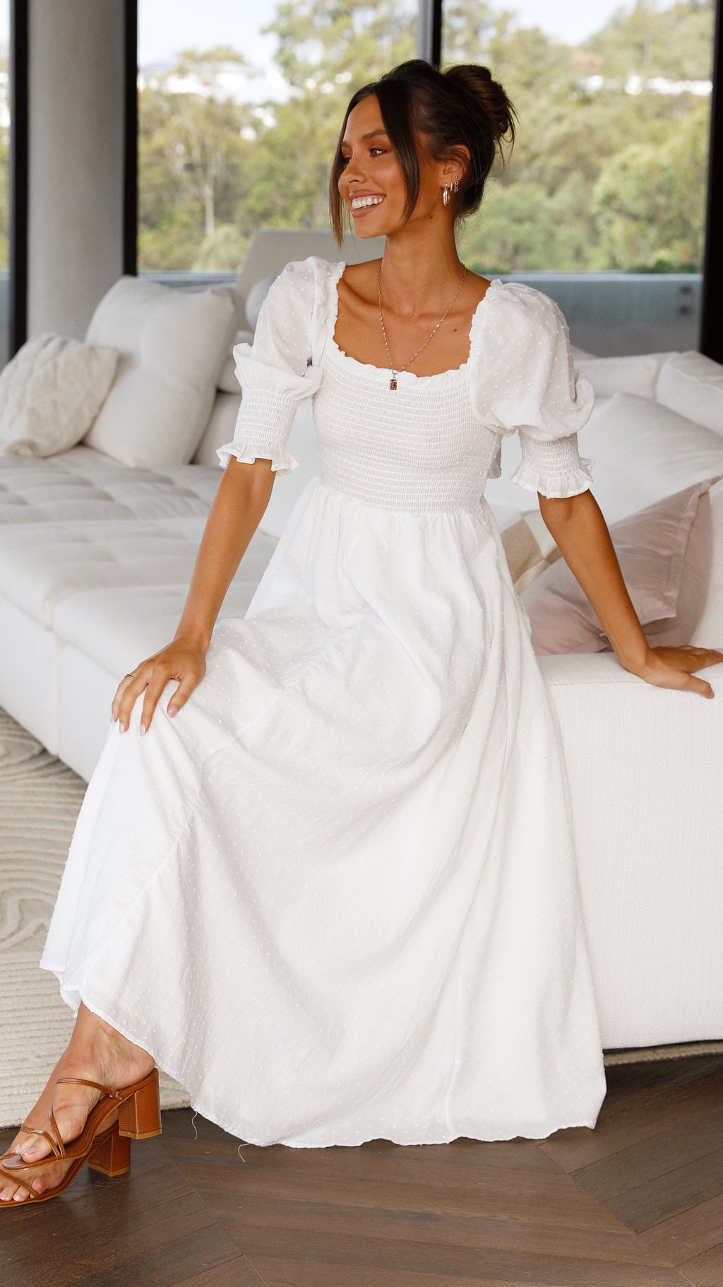 Vestido midi blanco con hombros descubiertos para mujer - Renata