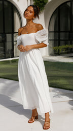 Vestido midi blanco con hombros descubiertos para mujer - Renata