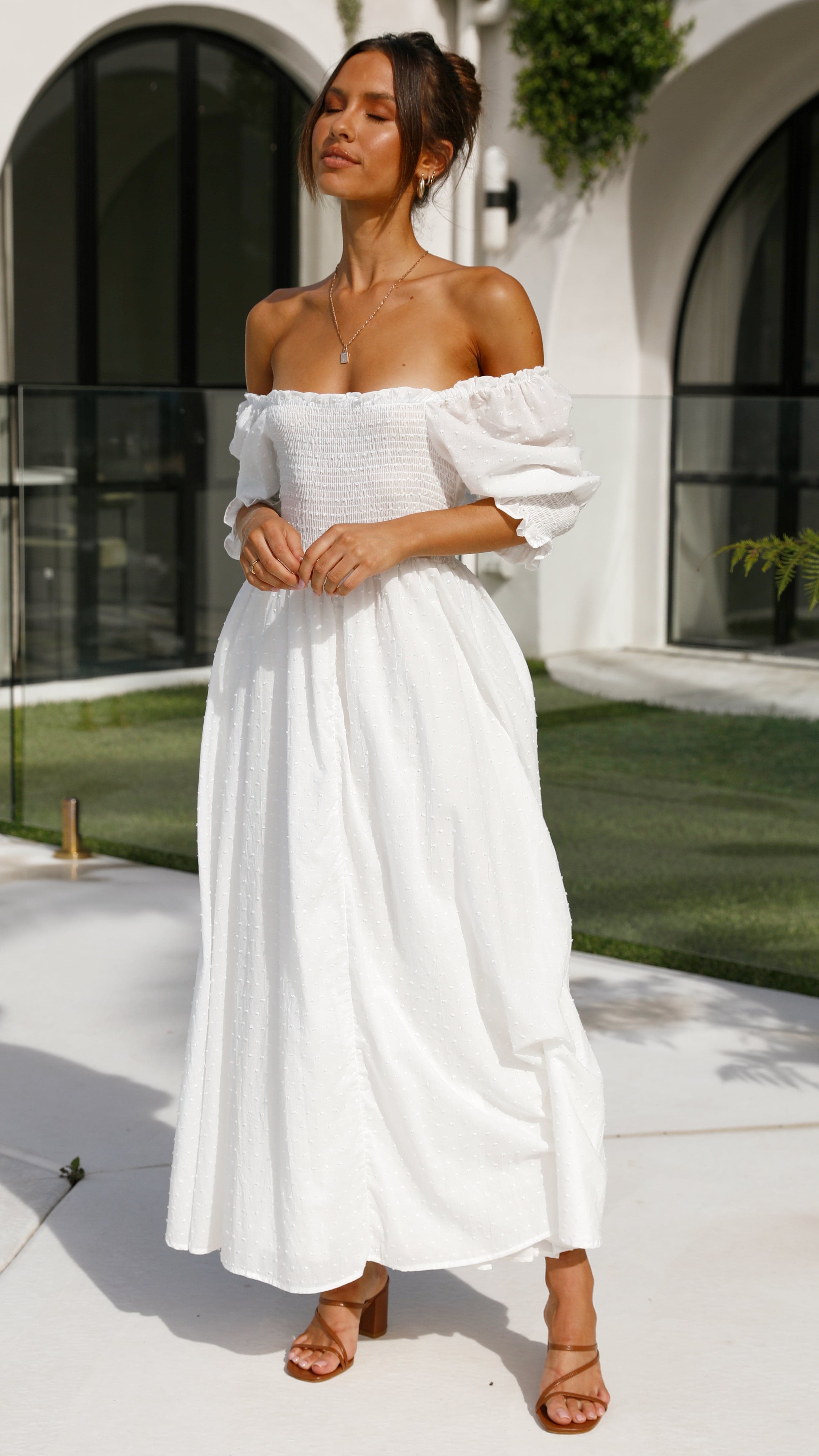 Vestido midi blanco con hombros descubiertos para mujer - Renata