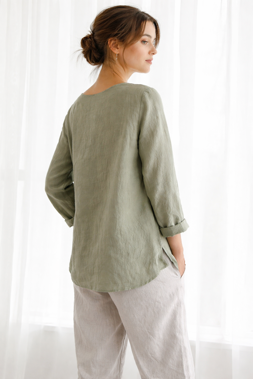 Concy - Blusa manga larga de lino