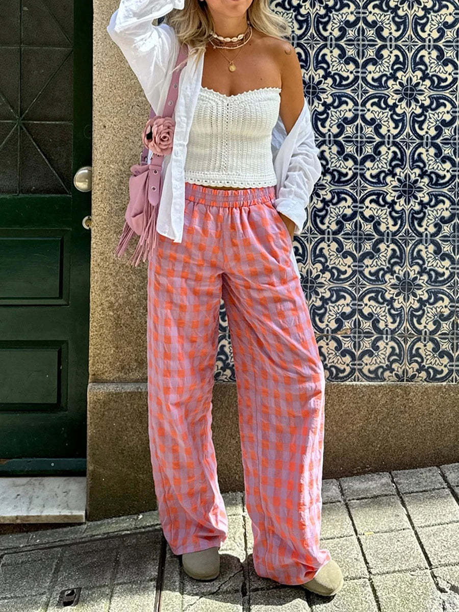 Pantalón mujer cuadros tiro alto y pierna recta - Nara