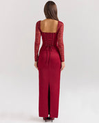 Florence - Vestido largo de manga larga en rojo vino con encaje