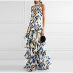 Maxi vestido floral halter con volantes en azul y blanco - Yery