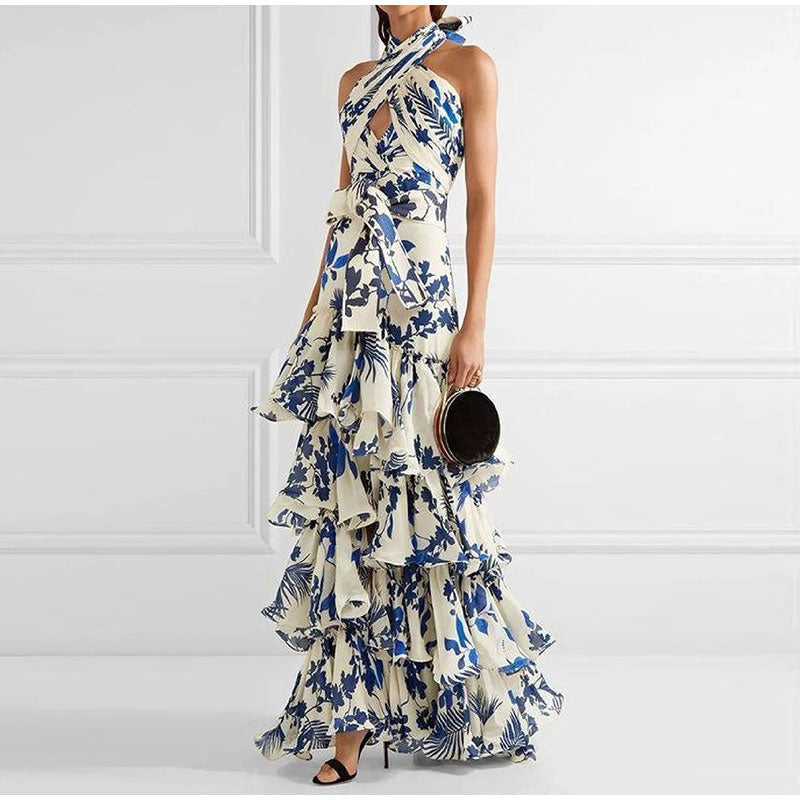 Maxi vestido floral halter con volantes en azul y blanco - Yery