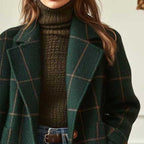Abrigo elegante con solapa amplia para mujer patrón de cuadros - Yara