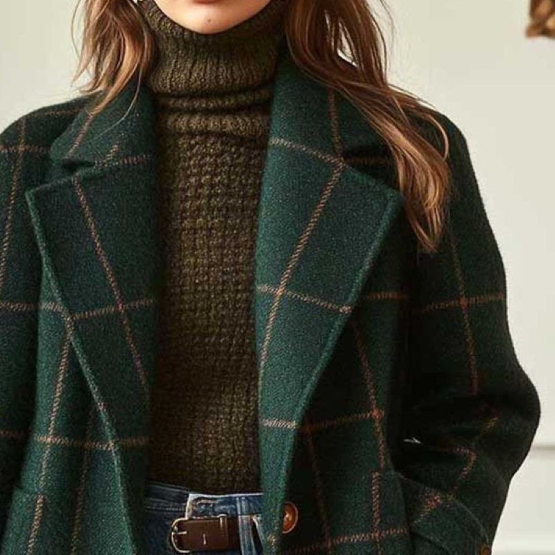 Abrigo elegante con solapa amplia para mujer patrón de cuadros - Yara