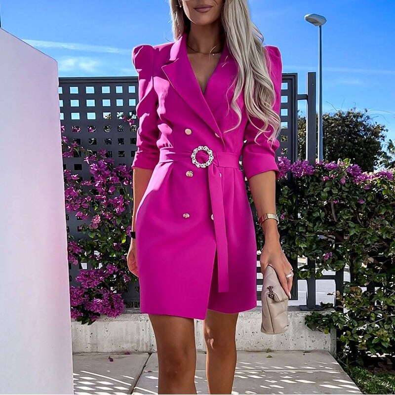 Jahaira - Vestido blazer con cuello de solapa y cinturón en la cintura