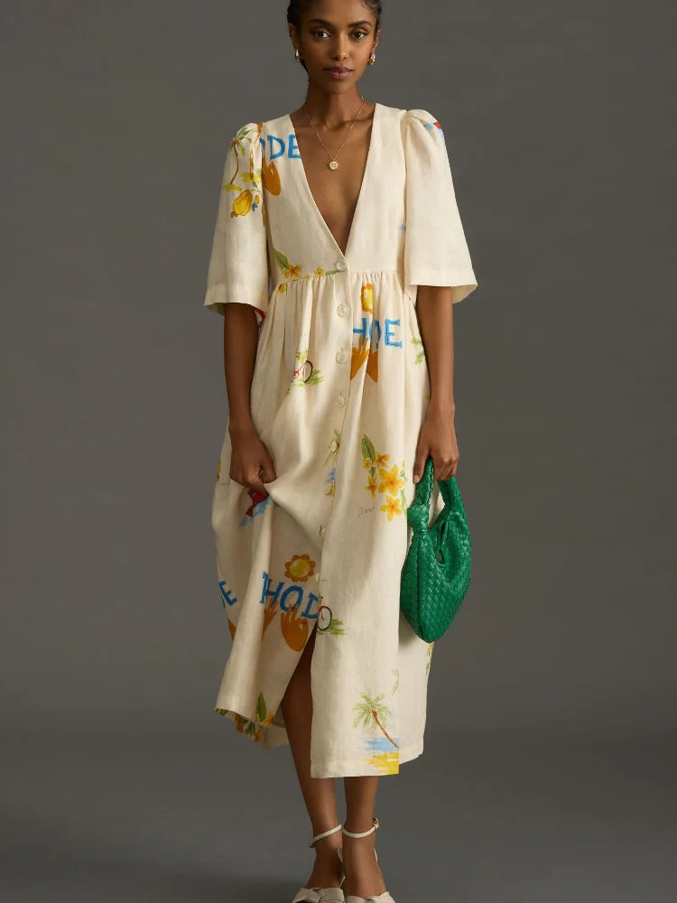 Danica - Favorecedor vestido midi de lino estampado