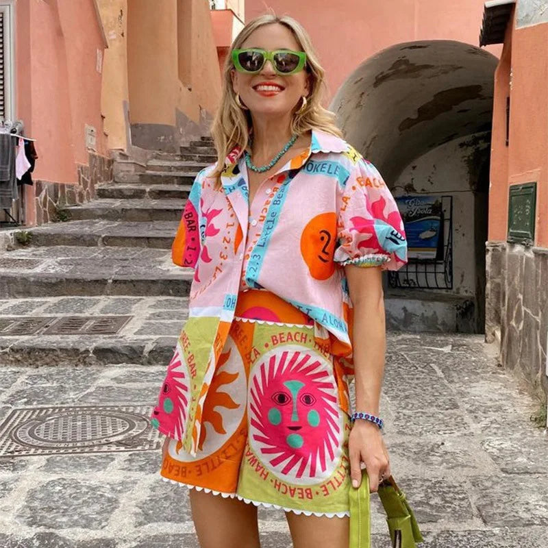 Conjunto estampado de mujer con camisa y shorts elásticos - Mireva