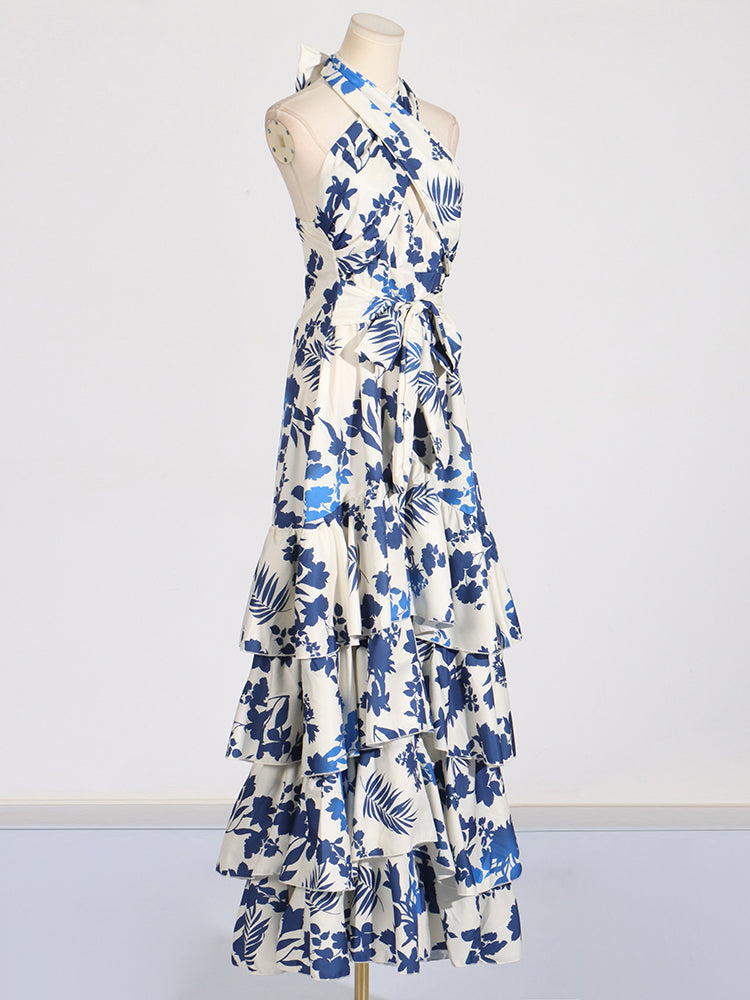 Maxi vestido floral halter con volantes en azul y blanco - Yery