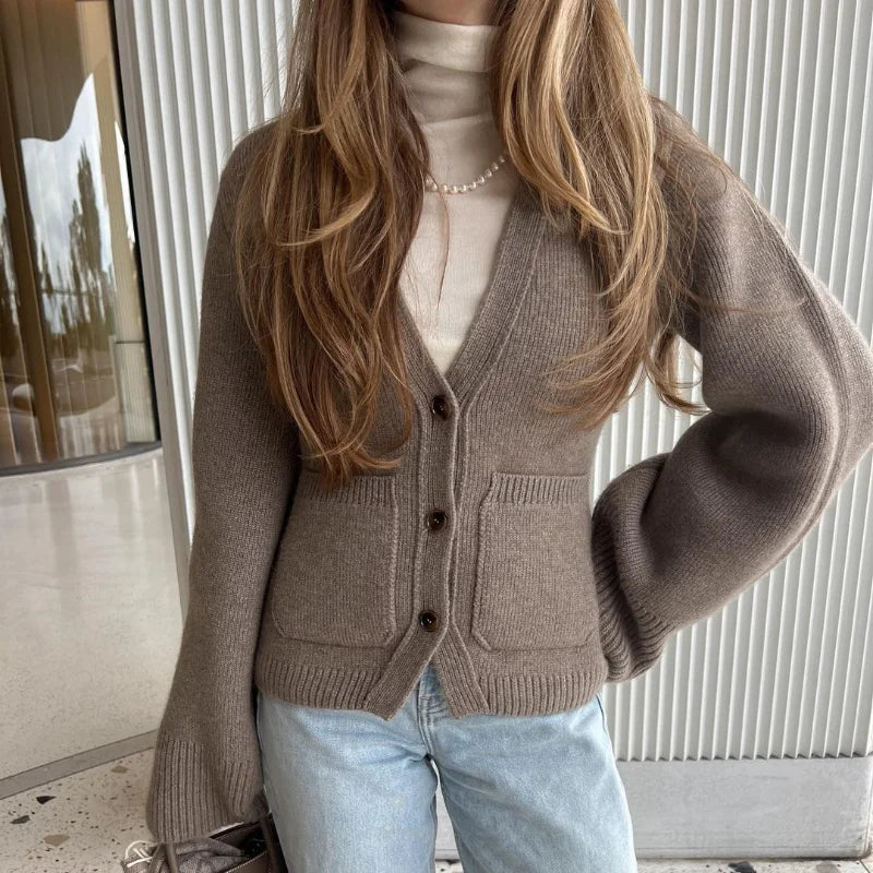 Loana - Cárdigan de punto con cuello en V y botones para mujer