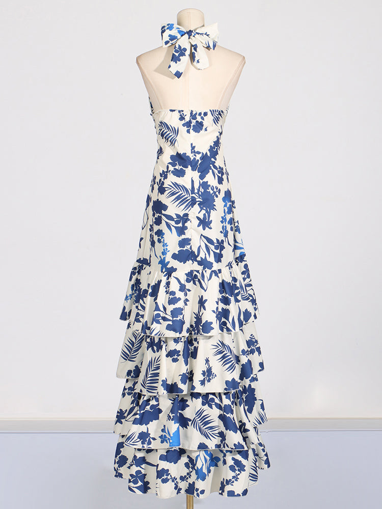 Maxi vestido floral halter con volantes en azul y blanco - Yery